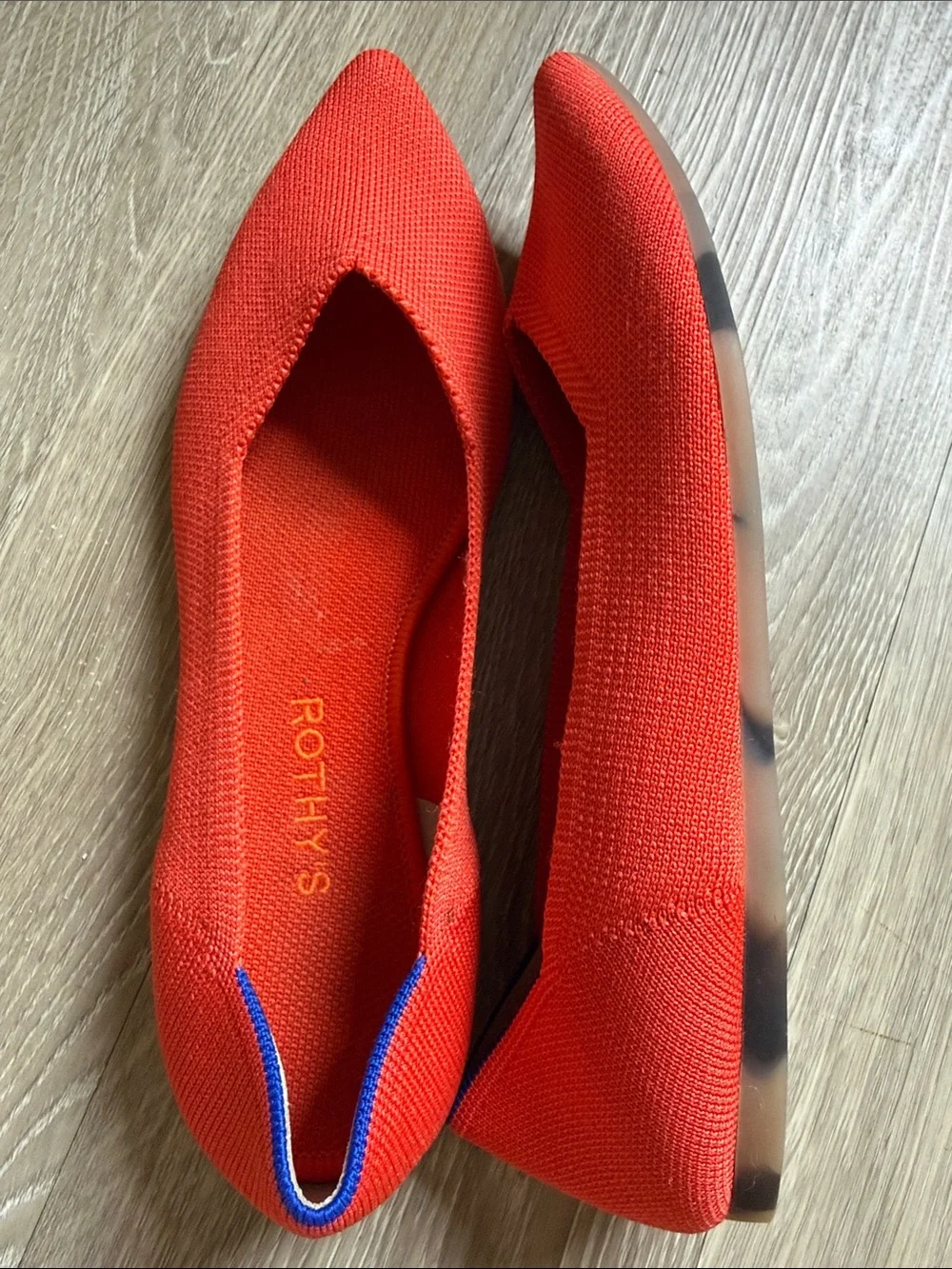 Rothy's Red Pointed Knit Slip-On Flats with Blue Trim